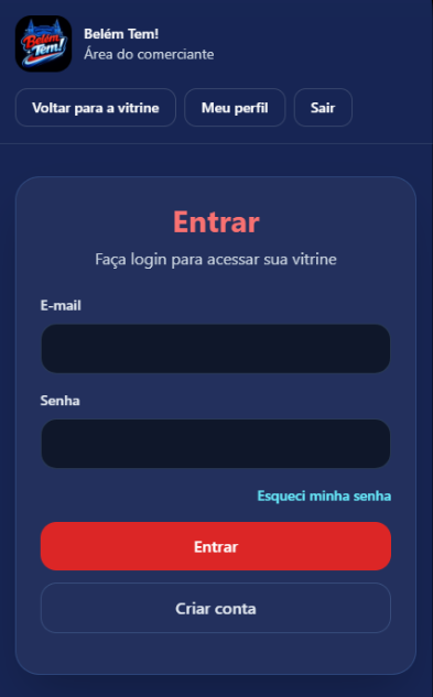 Tela de login do comerciante
